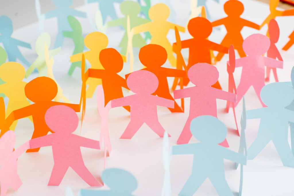 colorful paper cut chain people on white, human rights concept