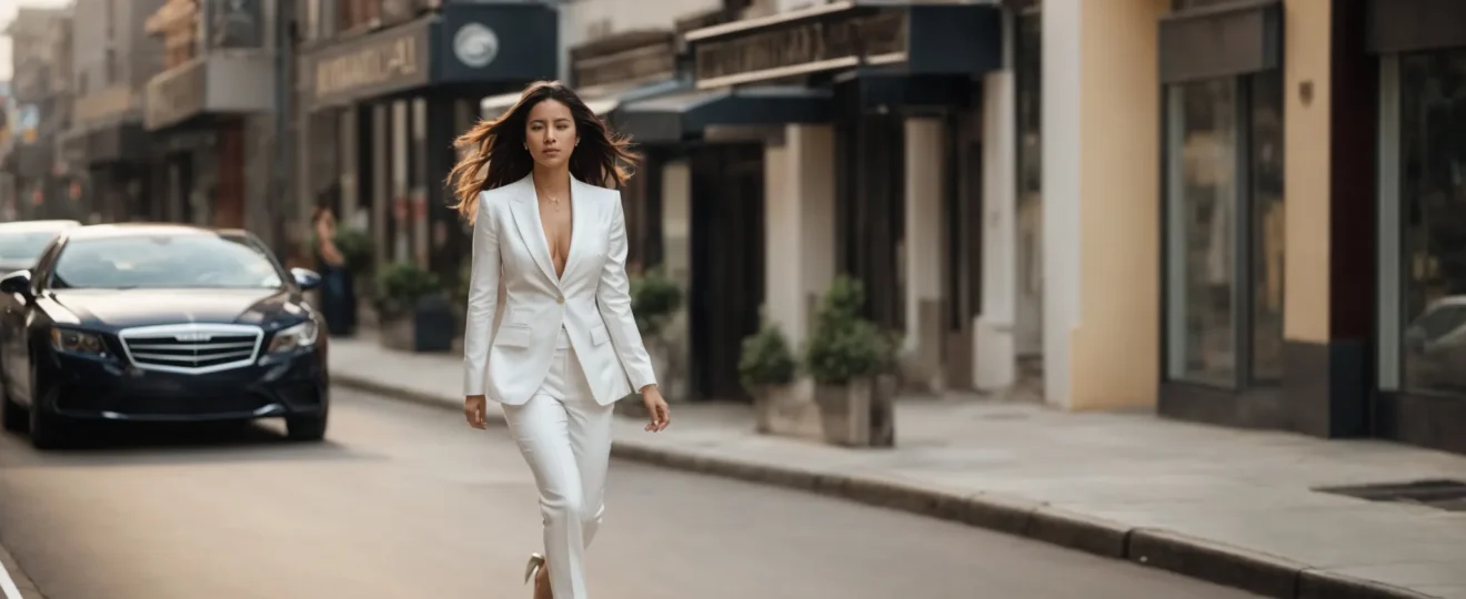 a confident woman strides down an urban street in a chic, tailored white suit.