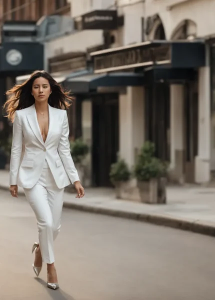 a confident woman strides down an urban street in a chic, tailored white suit.