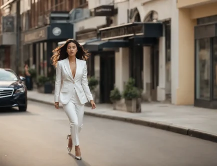 a confident woman strides down an urban street in a chic, tailored white suit.