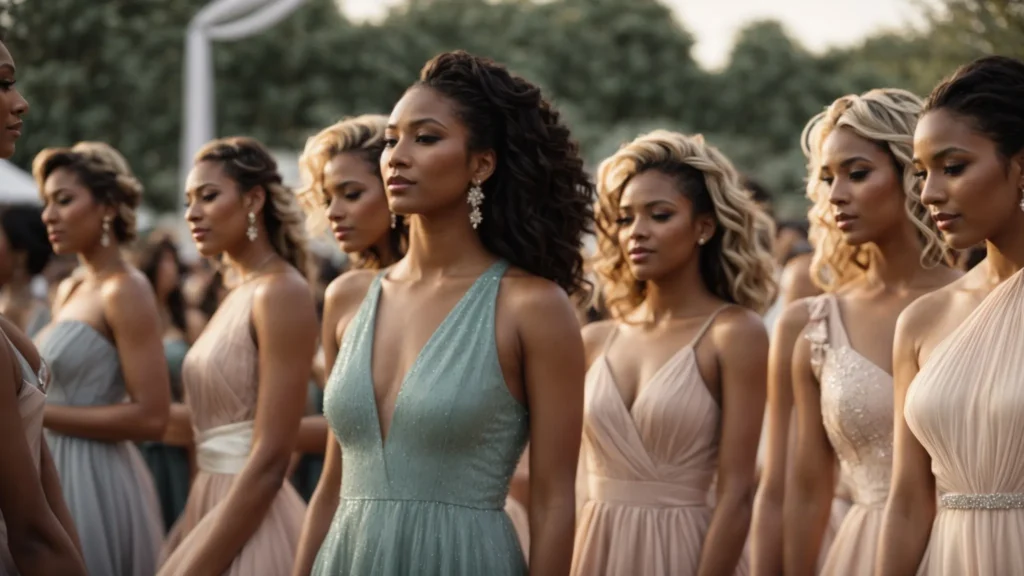 a diverse group of women modeling the latest cocktail dresses at a chic, outdoor fashion show.
