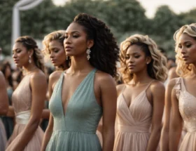 a diverse group of women modeling the latest cocktail dresses at a chic, outdoor fashion show.