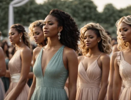a diverse group of women modeling the latest cocktail dresses at a chic, outdoor fashion show.
