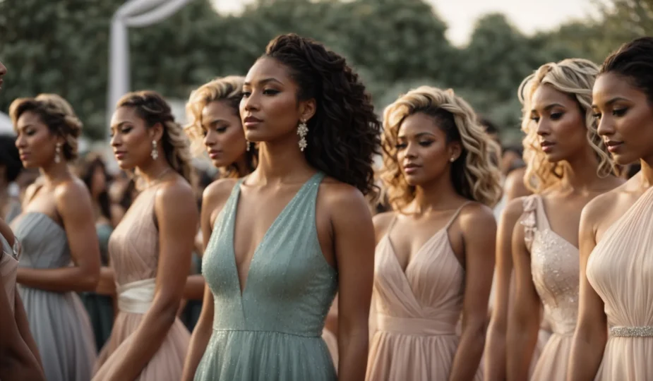 a diverse group of women modeling the latest cocktail dresses at a chic, outdoor fashion show.