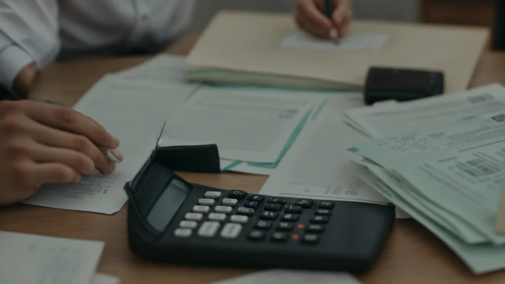 a person sitting at a desk with a calculator and a stack of financial documents.
