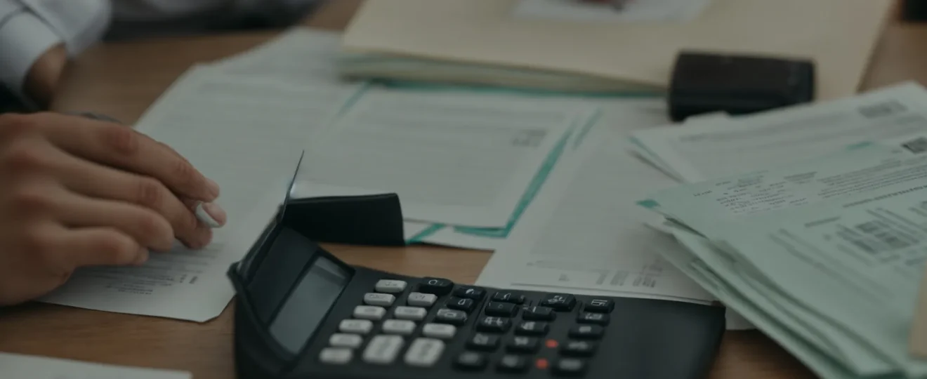 a person sitting at a desk with a calculator and a stack of financial documents.