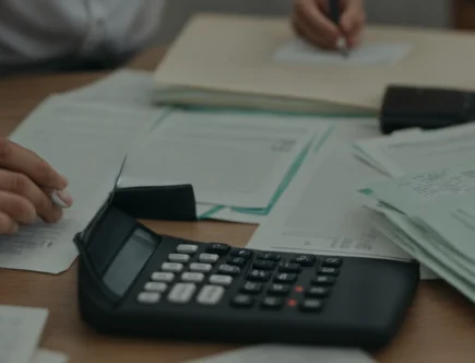 a person sitting at a desk with a calculator and a stack of financial documents.