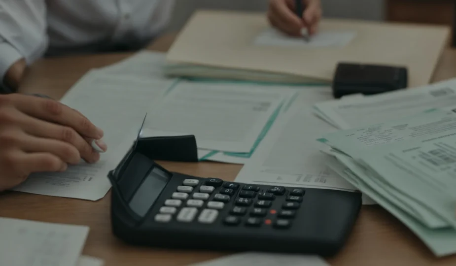 a person sitting at a desk with a calculator and a stack of financial documents.