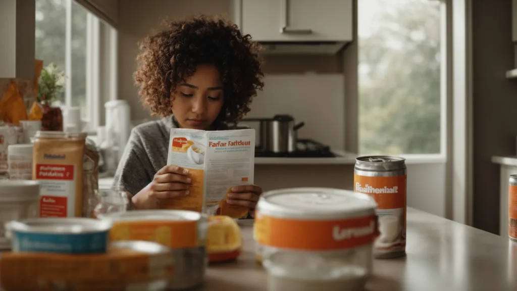 a concerned parent reads a safety pamphlet next to a can of baby formula on the kitchen counter.