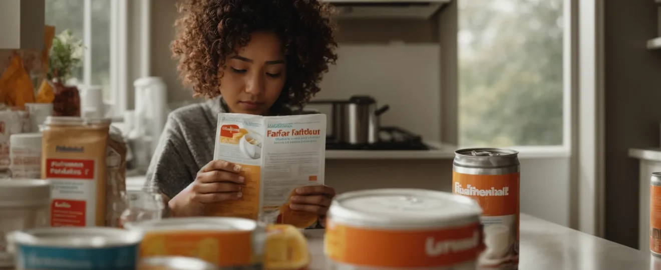 a concerned parent reads a safety pamphlet next to a can of baby formula on the kitchen counter.