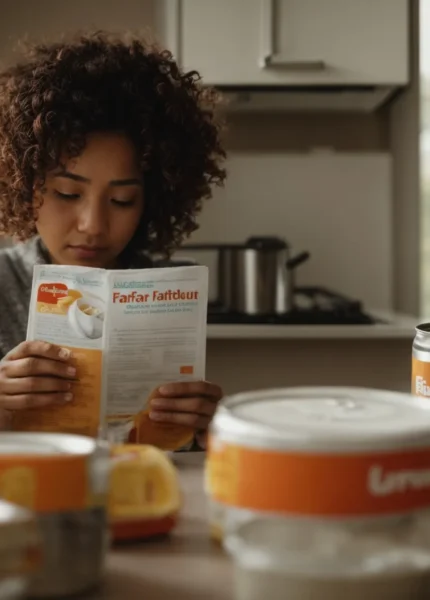 a concerned parent reads a safety pamphlet next to a can of baby formula on the kitchen counter.