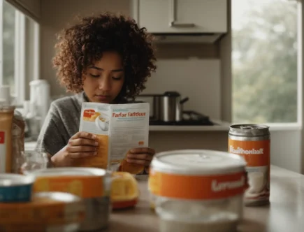 a concerned parent reads a safety pamphlet next to a can of baby formula on the kitchen counter.