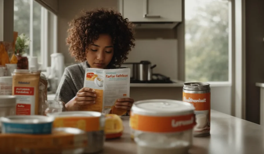 a concerned parent reads a safety pamphlet next to a can of baby formula on the kitchen counter.