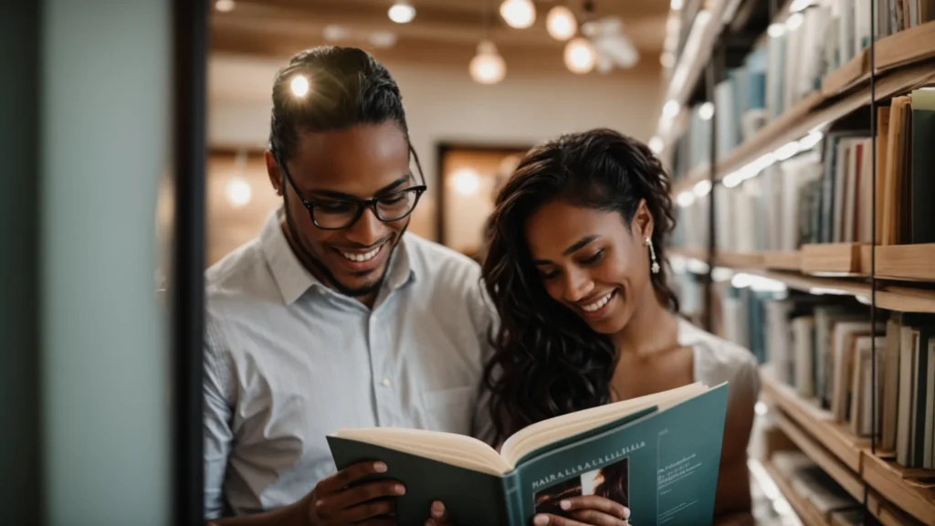 a newly engaged couple smiles while browsing through a wedding planning guidebook together.