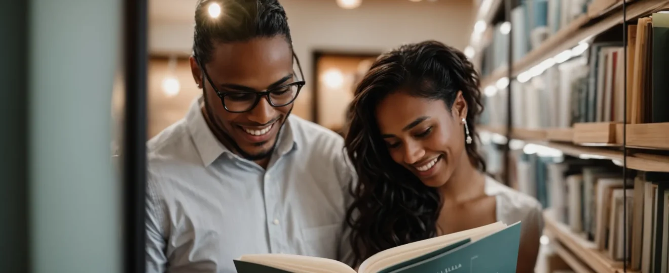 a newly engaged couple smiles while browsing through a wedding planning guidebook together.