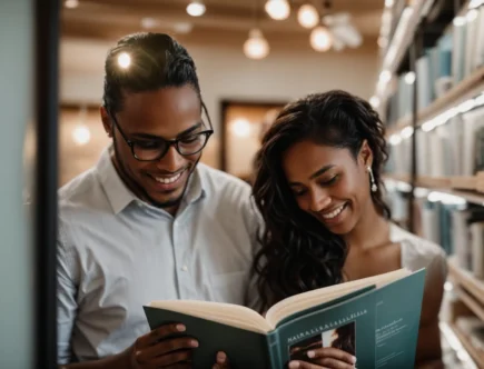 a newly engaged couple smiles while browsing through a wedding planning guidebook together.