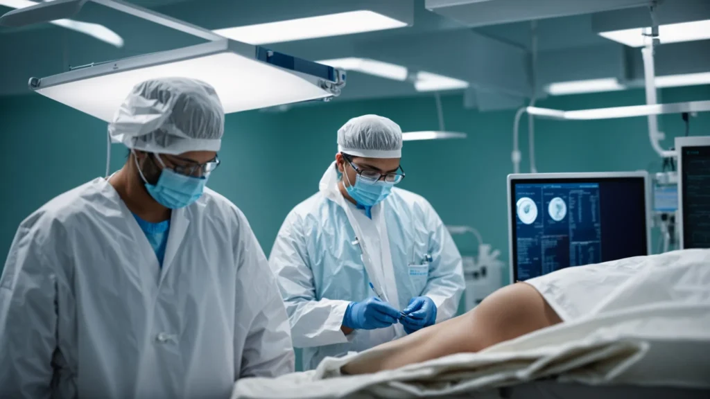 a surgeon in sterile attire holds a medical instrument, focusing intently on a patient draped for surgery.