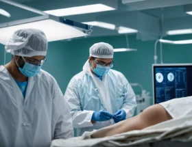 a surgeon in sterile attire holds a medical instrument, focusing intently on a patient draped for surgery.