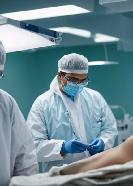 a surgeon in sterile attire holds a medical instrument, focusing intently on a patient draped for surgery.