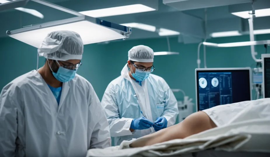 a surgeon in sterile attire holds a medical instrument, focusing intently on a patient draped for surgery.
