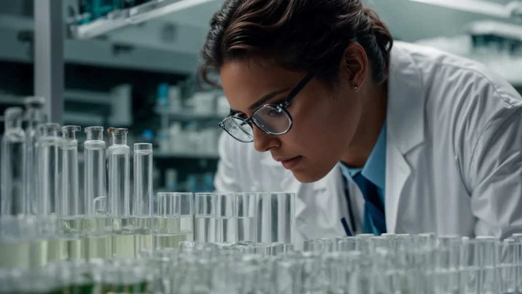 a researcher in a lab coat scrutinizes vials of clear liquid on a well-organized laboratory bench.