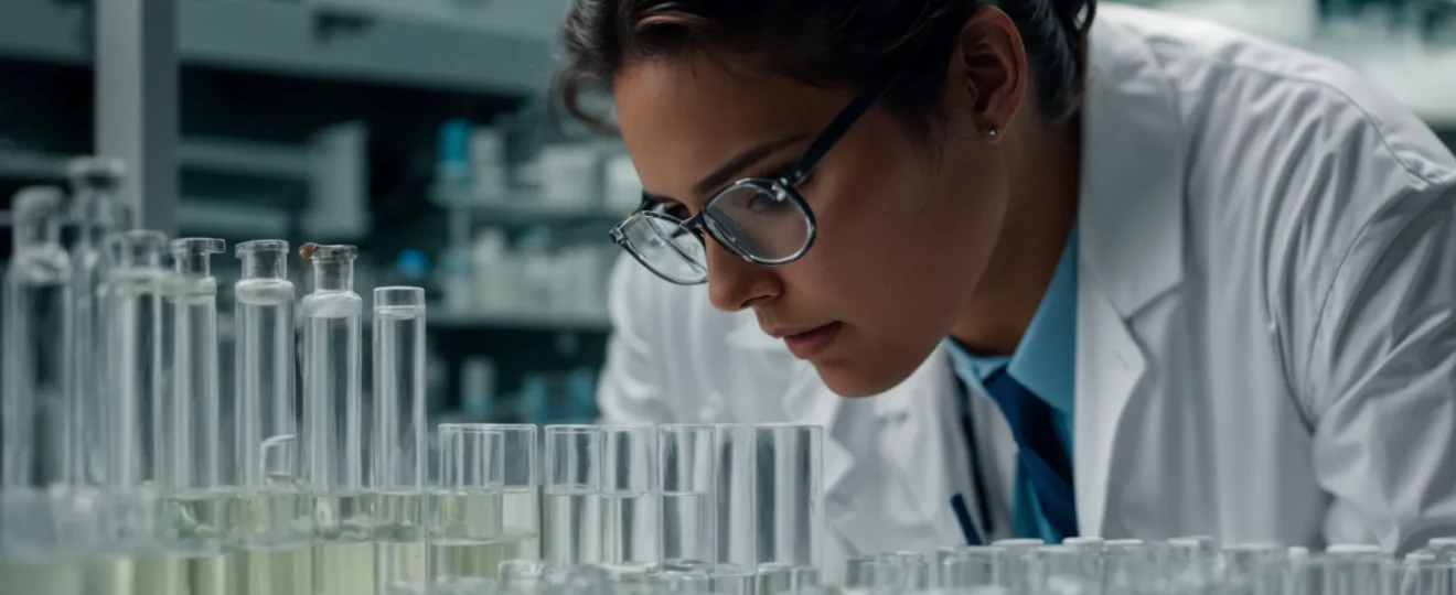 a researcher in a lab coat scrutinizes vials of clear liquid on a well-organized laboratory bench.