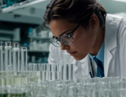 a researcher in a lab coat scrutinizes vials of clear liquid on a well-organized laboratory bench.