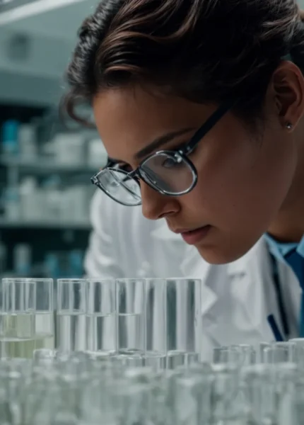 a researcher in a lab coat scrutinizes vials of clear liquid on a well-organized laboratory bench.