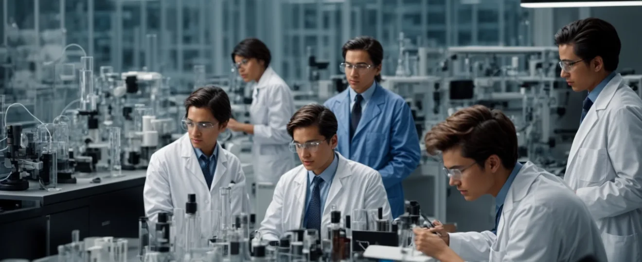 a group of scientists discuss around a table filled with high-tech equipment in a modern lab.