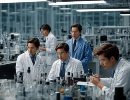 a group of scientists discuss around a table filled with high-tech equipment in a modern lab.