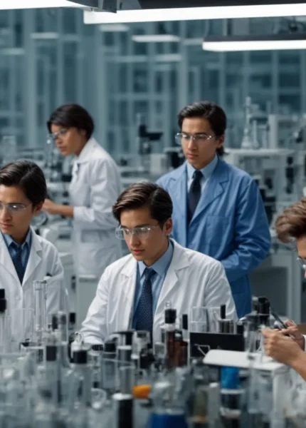 a group of scientists discuss around a table filled with high-tech equipment in a modern lab.
