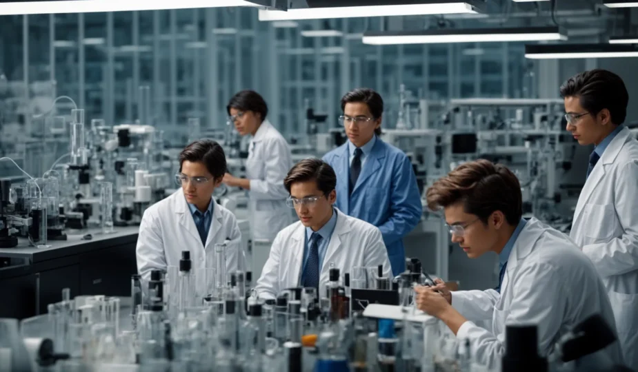 a group of scientists discuss around a table filled with high-tech equipment in a modern lab.
