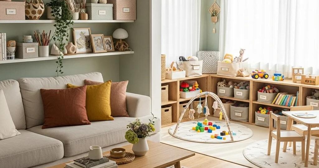 Cozy living room with organized shelves and children's play area, emphasizing efficient home organization