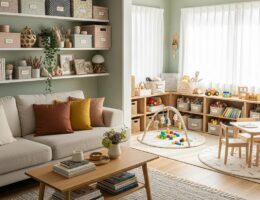 Cozy living room with organized shelves and children's play area, emphasizing efficient home organization
