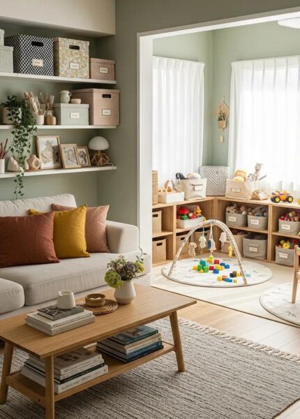 Cozy living room with organized shelves and children's play area, emphasizing efficient home organization