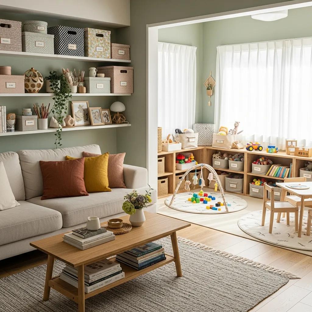 Cozy living room with organized shelves and children's play area, emphasizing efficient home organization