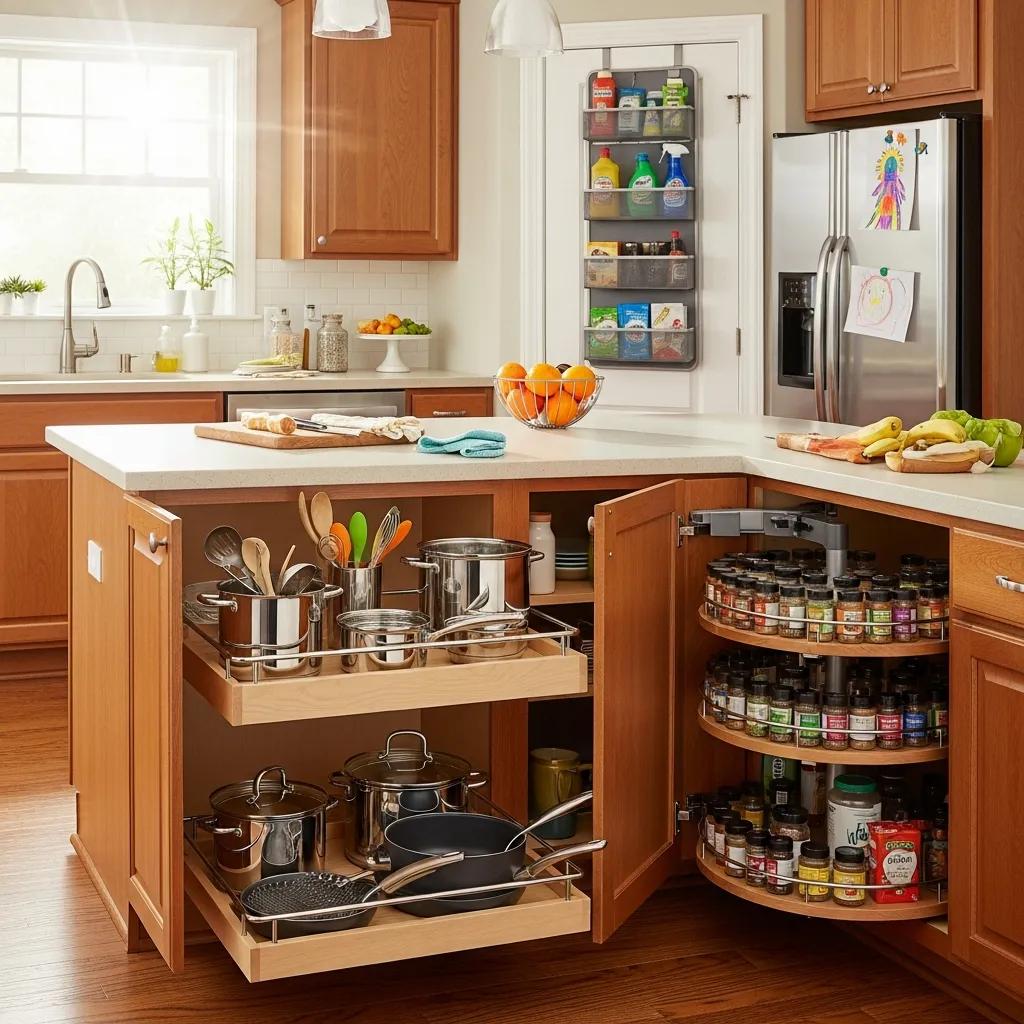 Organized family kitchen with pull-out shelves and lazy Susan, demonstrating effective storage solutions