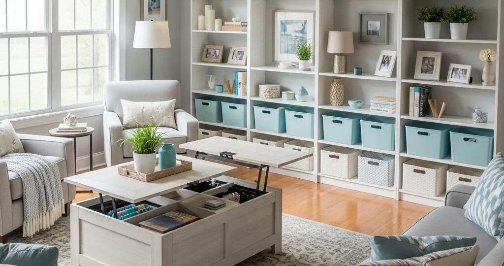 Cozy living room with organized shelves and multi-functional furniture for home organization