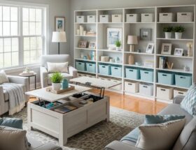 Cozy living room with organized shelves and multi-functional furniture for home organization