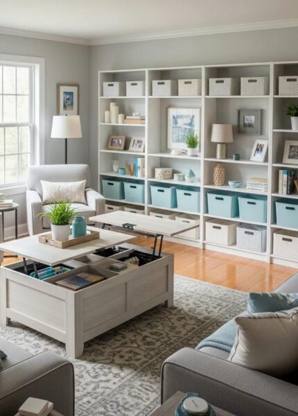 Cozy living room with organized shelves and multi-functional furniture for home organization