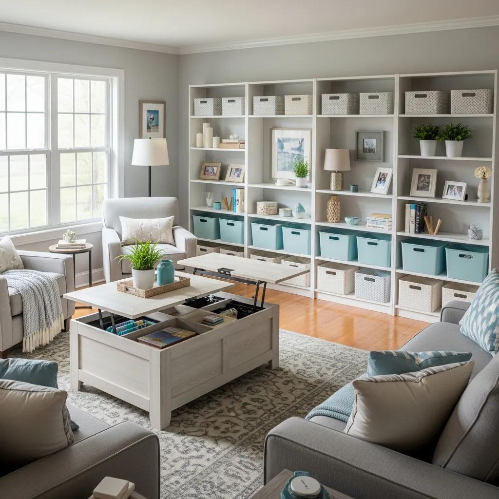 Cozy living room with organized shelves and multi-functional furniture for home organization