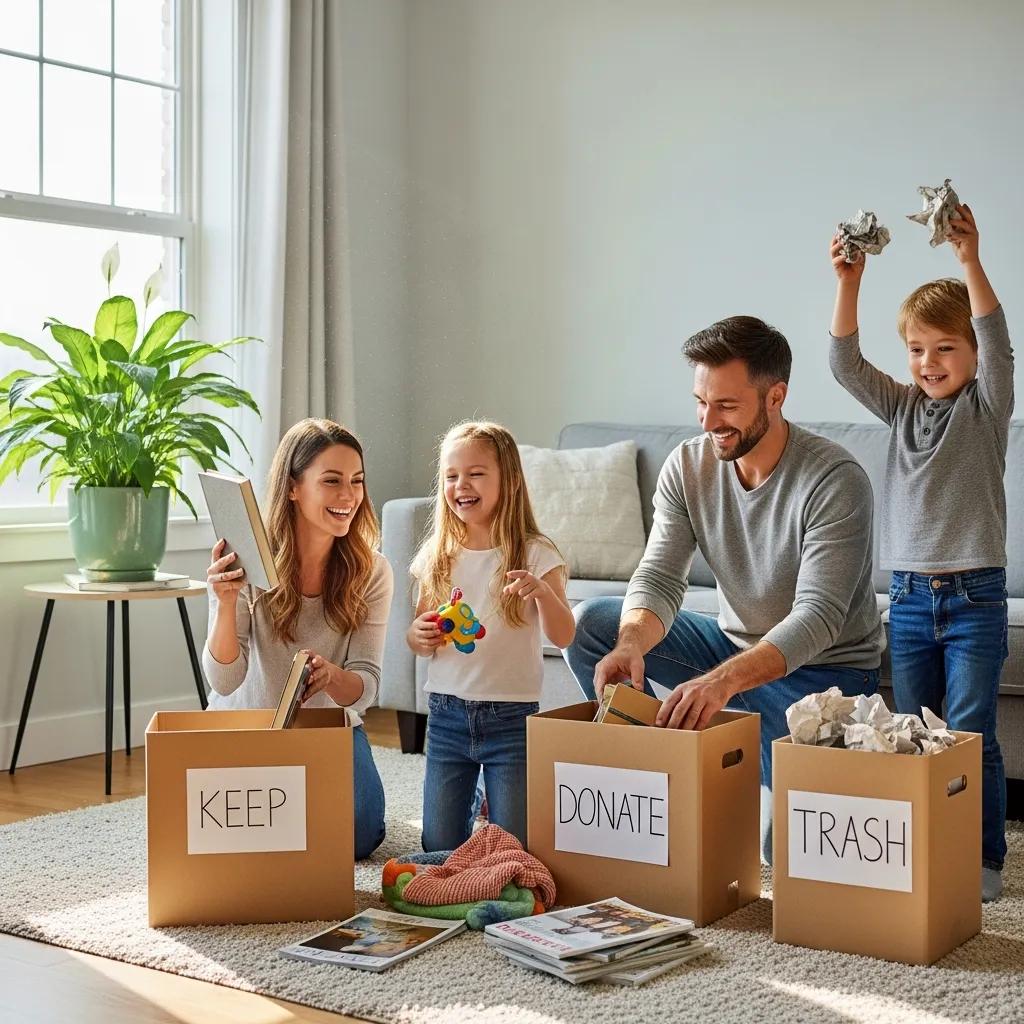 Family working together to declutter and organize their living space